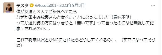 テスタと田中みなみの報道に対する投稿